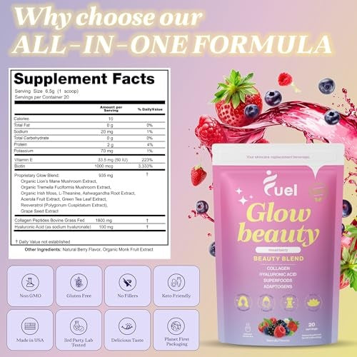 $40 Glow Beauty Collagen for Women |Hyaluronic Acid, Vitamin C, Lion's Mane, Biotin & More |Promotes Skin, Hair & Nail Health |Collagen Peptides Powder |O