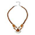 $120 Jay king peach mountain chalcedony quartz cal New This stunning necklace features peach mountain chalcedony and quartz calcite, expertly crafted by Jay King. The design highlights a beautiful arrangement of triangular and rounded bead shapes, showca