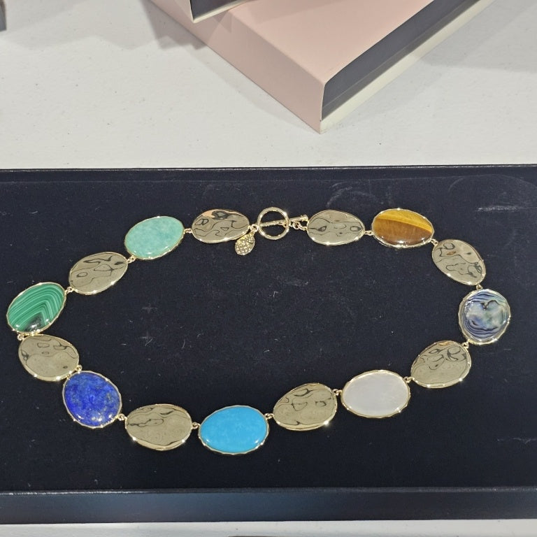 $131 Connie Craig Carroll multi oval gemstone stat 891995 New Experience the elegance of the Connie Craig Carroll multi oval gemstone station necklace. This stunning piece features an array of luminous gemstones including malachite, lapis lazuli, chalced