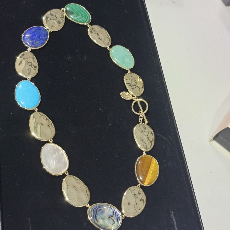 $131 Connie Craig Carroll multi oval gemstone stat 891995 New Experience the elegance of the Connie Craig Carroll multi oval gemstone station necklace. This stunning piece features an array of luminous gemstones including malachite, lapis lazuli, chalced