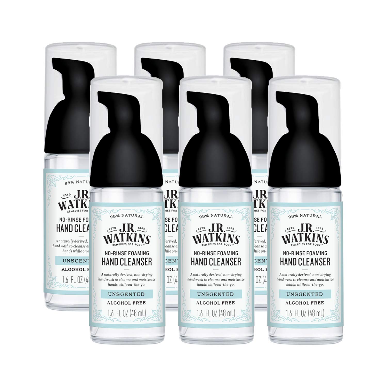 $18 J.R. Watkins No-Rinse Foaming Hand Cleanser   Hand Soap in Pump Dispenser   Bathroom & Kitchen Foam Cleaner   All Natural, Alcohol Free, Unscented, 1.6 fl. Oz., 6 Pack