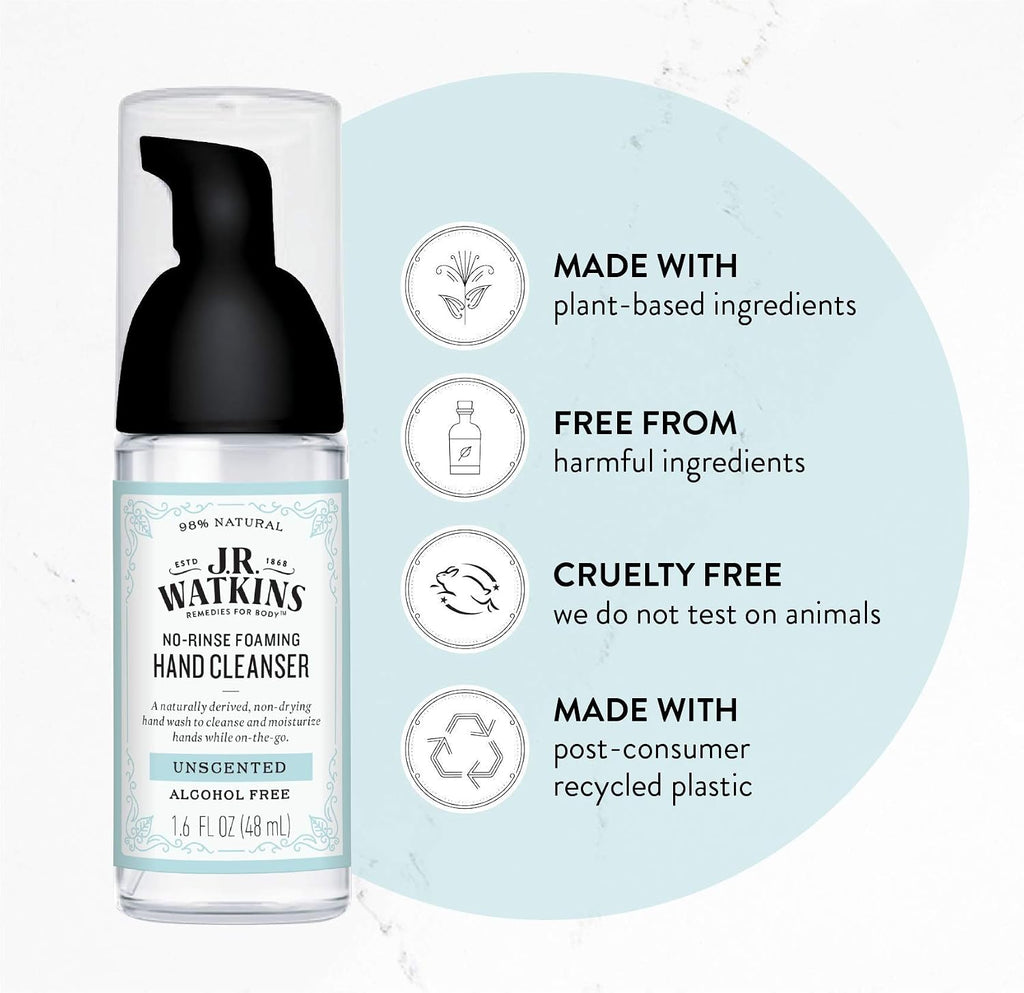 $18 J.R. Watkins No-Rinse Foaming Hand Cleanser   Hand Soap in Pump Dispenser   Bathroom & Kitchen Foam Cleaner   All Natural, Alcohol Free, Unscented, 1.6 fl. Oz., 6 Pack