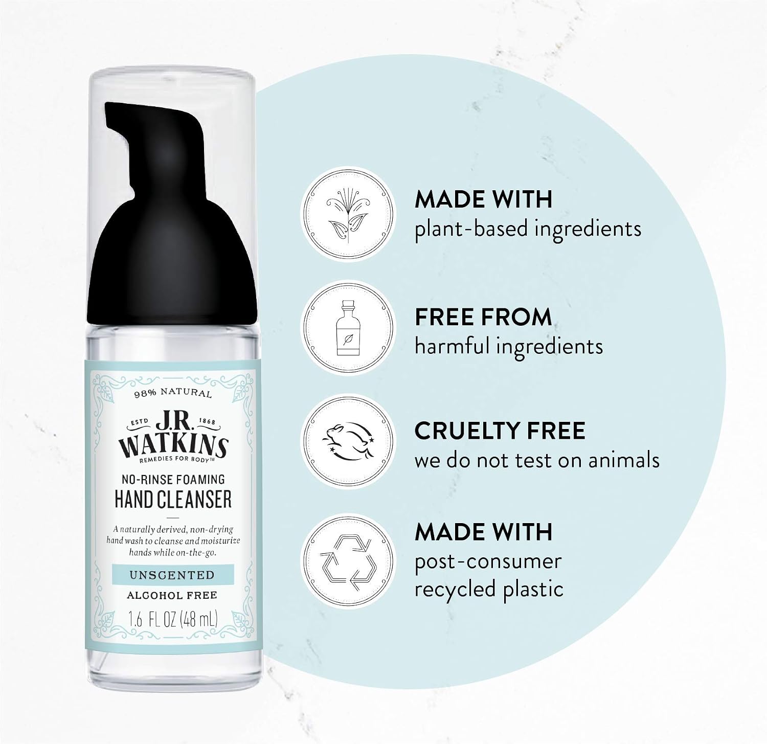$18 J.R. Watkins No-Rinse Foaming Hand Cleanser   Hand Soap in Pump Dispenser   Bathroom & Kitchen Foam Cleaner   All Natural, Alcohol Free, Unscented, 1.6 fl. Oz., 6 Pack