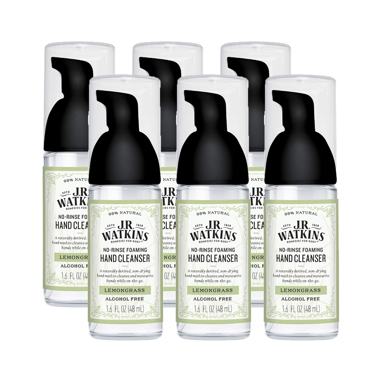 $18 J.R. Watkins No-Rinse Foaming Hand Cleanser   Hand Soap in Pump Dispenser   Bathroom & Kitchen Foam Cleaner   All Natural, Alcohol Free, Lemongrass, 1.6 fl. Oz., 6 Pack