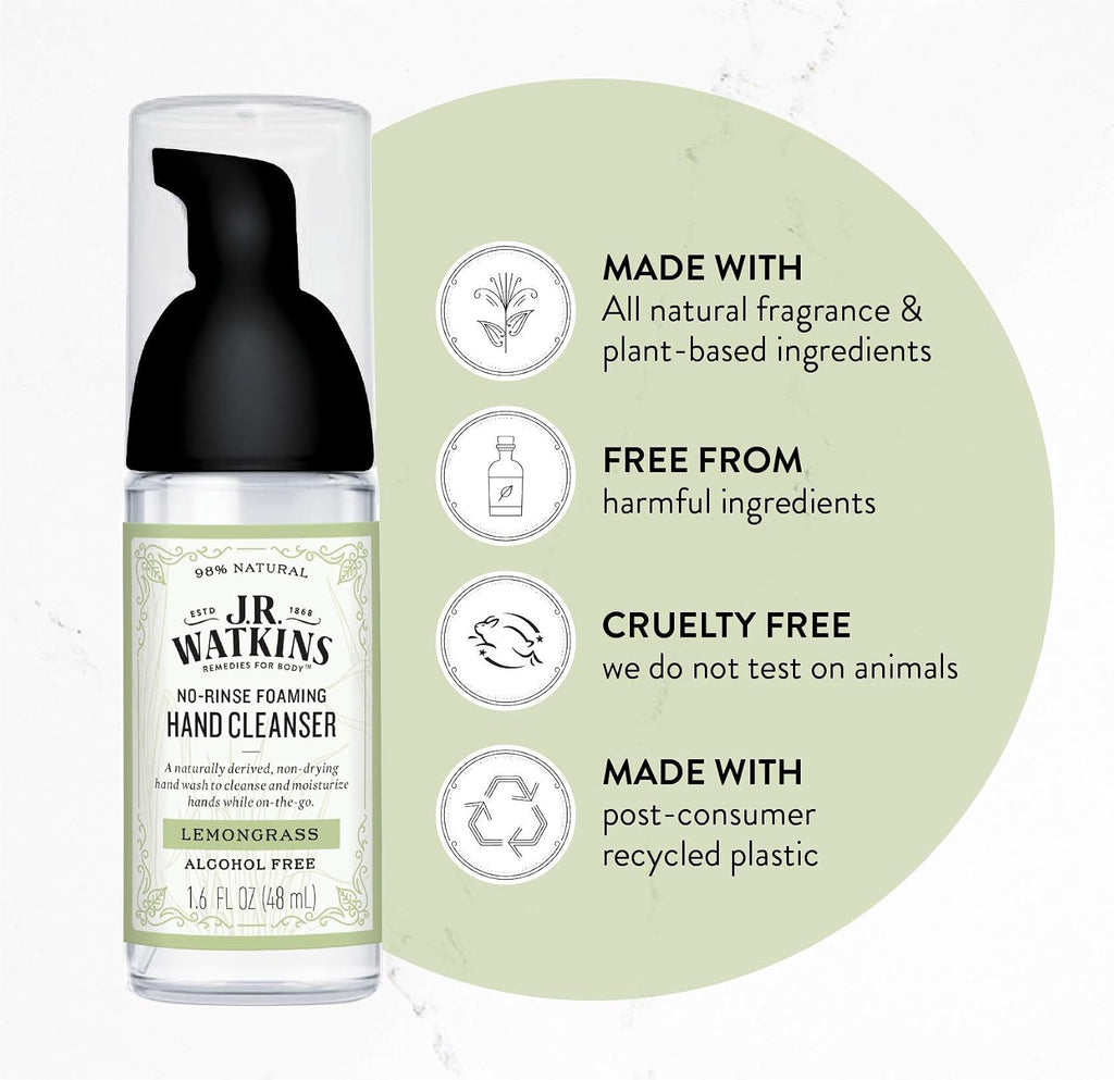 $18 J.R. Watkins No-Rinse Foaming Hand Cleanser   Hand Soap in Pump Dispenser   Bathroom & Kitchen Foam Cleaner   All Natural, Alcohol Free, Lemongrass, 1.6 fl. Oz., 6 Pack
