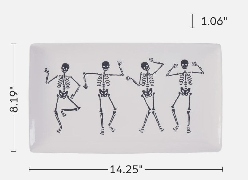 $13 Way to        Celebrate Halloween Ceramic Dancing Skeletons        Tray HARD TABLETOP this oversized    serving     tray is 14.25" x 8.19" is    dishwasher safe   has   4