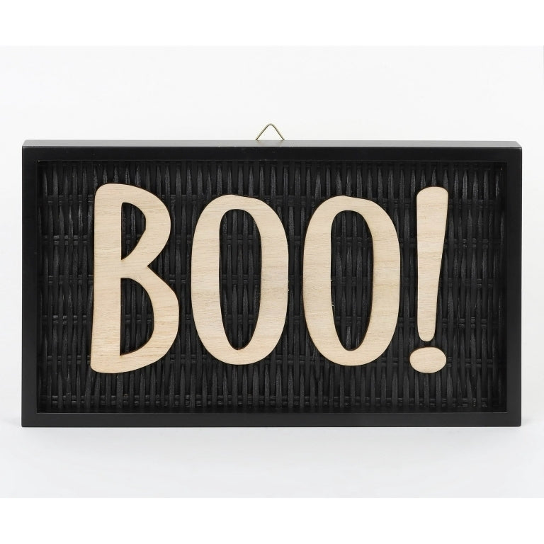 $10 Boo Hanging         Wall Sign Decoration, Black, 12",    Halloween      by Way To Celebrate this sign    has a   picture    hanging hooks and is 12"   x  5.5"