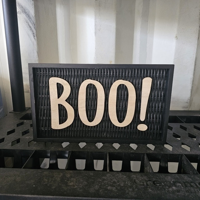 $10 Boo Hanging         Wall Sign Decoration, Black, 12",    Halloween      by Way To Celebrate this sign    has a   picture    hanging hooks and is 12"   x  5.5"
