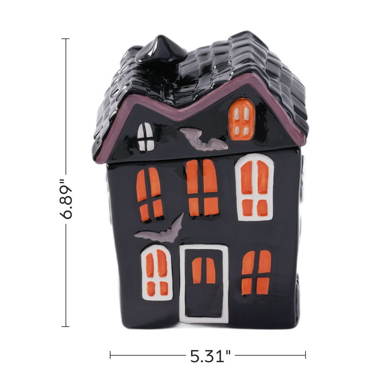 $12 Way to        Celebrate Halloween Ceramic Haunted House        Treat Jar, Food Storage HARD TABLETOP this        treat jar is a removable top ( the  roof)       features gh