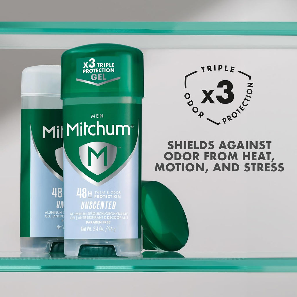 $8 Mitchum Men's Triple Odor Protection Antiperspirant & Deodorant Gel, Unscented, 48HR Protection, 3.4 oz