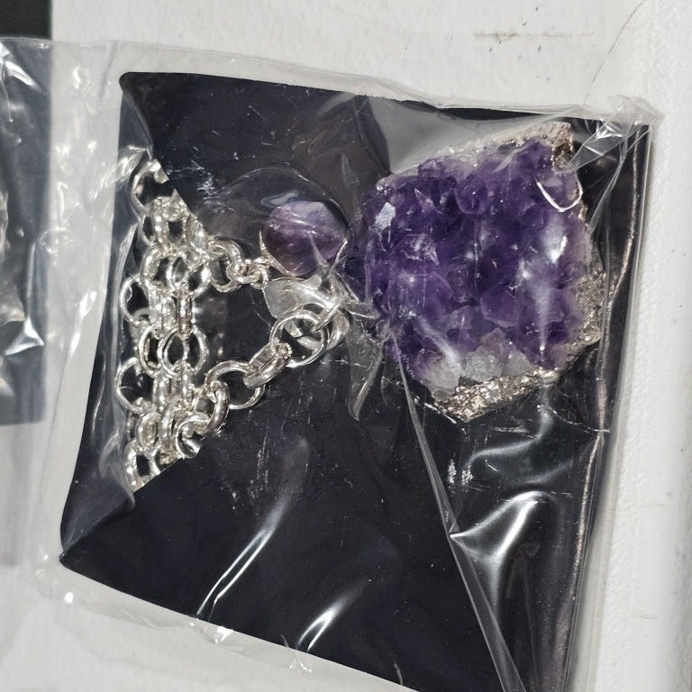 $100 HERKIMER MINES Amethyst Crystal Cluster Penda New 864859 $100 HERKIMER MINES Amethyst Crystal Cluster Pendant, Sterling Silver Chain Necklace