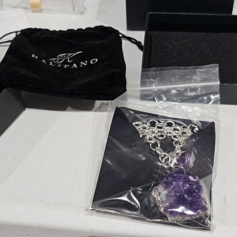 $100 HERKIMER MINES Amethyst Crystal Cluster Penda New 864859 $100 HERKIMER MINES Amethyst Crystal Cluster Pendant, Sterling Silver Chain Necklace